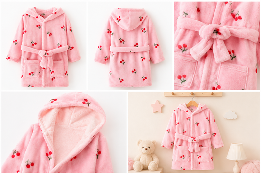 Bata Térmica Infantil con Capucha Cerezas | Polar Extra Suave para Niña